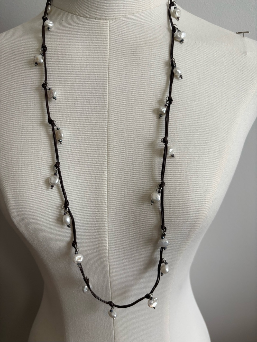 J.Jill Long Black Cord Necklace with White Pearl Drops
